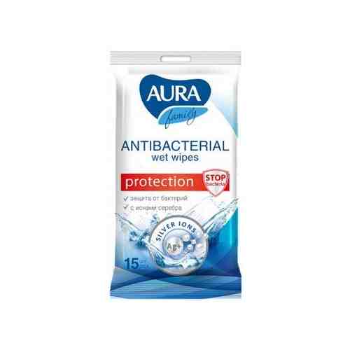 Aura Family салфетки влажные антибактериальные, салфетки влажные, 15 шт.