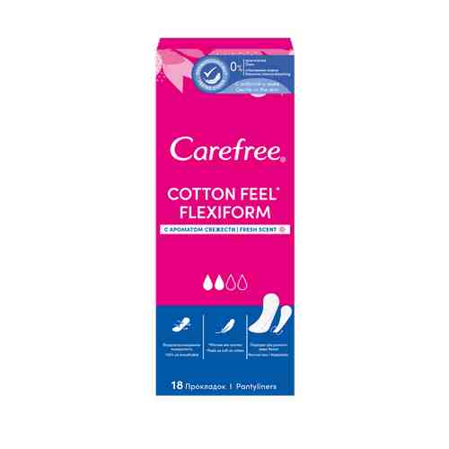 Carefree Cotton Feel FlexiForm Fresh прокладки ежедневные, прокладки ежедневные, с ароматом свежести, 18 шт.