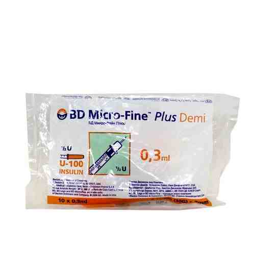 Шприц инсулиновый с несъемной иглой BD Micro-Fine Plus Demi U-100, 0,3 мл, диаметр иглы 30G, 10 шт.