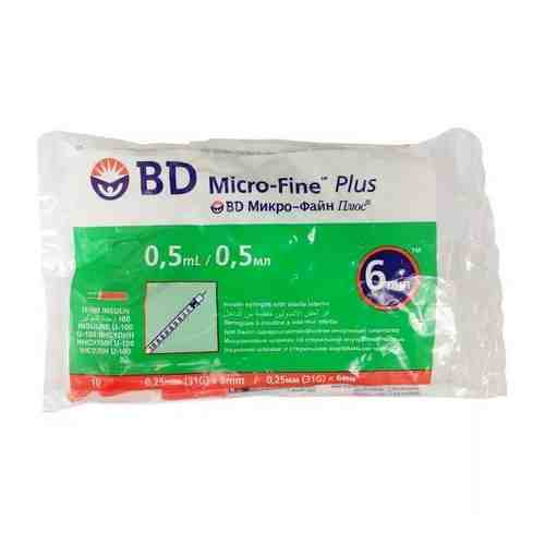 Шприц инсулиновый с несъемной иглой BD Micro-Fine Plus U-100, 0.5 мл, диаметр иглы 31G, 10 шт.